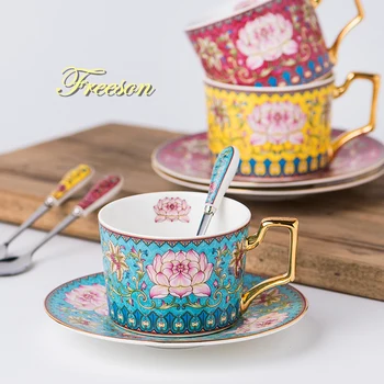

Snow Lotus Bone China Coffee Cup Saucer Spoon Set 200ml Tea Cup Porcelain Tea Set Ceramic Teacup Cafe Espresso Cup Drop Shipping