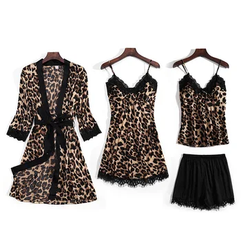 

2020 New Sexy Nightgown Leopard Four Pieces Slip Nightdress V-neck Soft Touch Bathrob