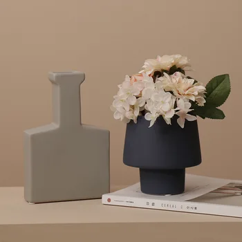 

Danish Geometric Shape Vase Morandi Simple Colors Desktop Decoration Small Bottle Mouth Ceramic Flower Pot Exhibition Ornaments