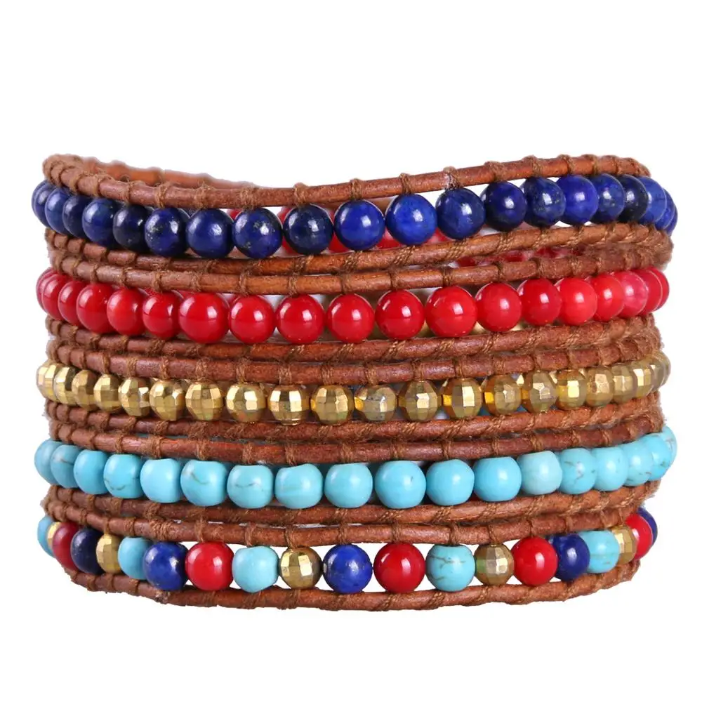 

KELITCH Multi color Boho Women Leather Bracelet Unique Mixed Stones Gold Color Beads 5 Strands Wrap Bracelet Handmade Cuff Chain