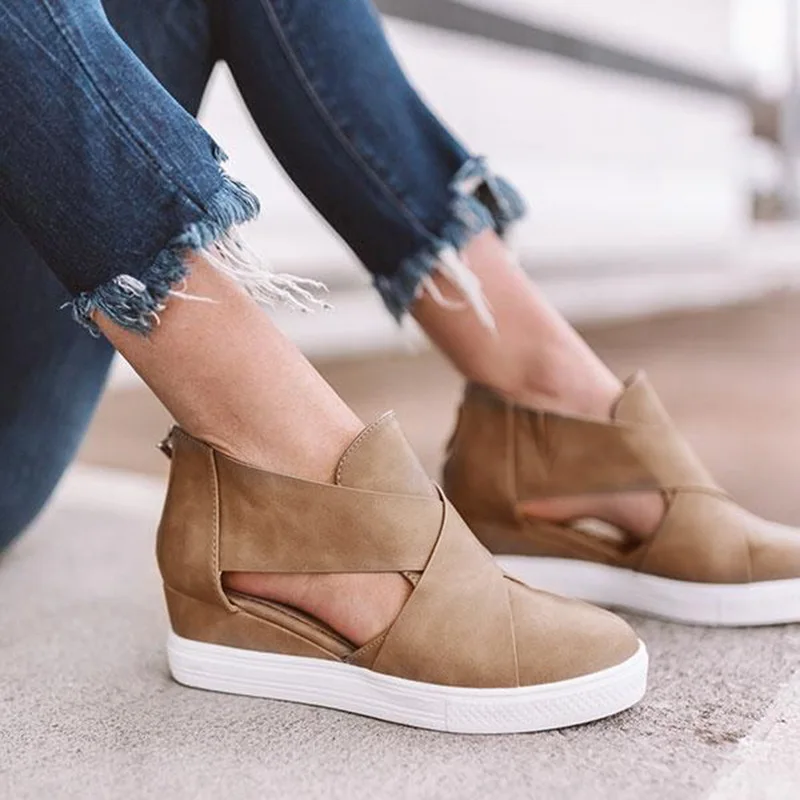 

Fashion Women's Leisure Vulcanized Slope-heeled Sports Shoes Pure Color Elevated Shoes Women's Sports Shoes