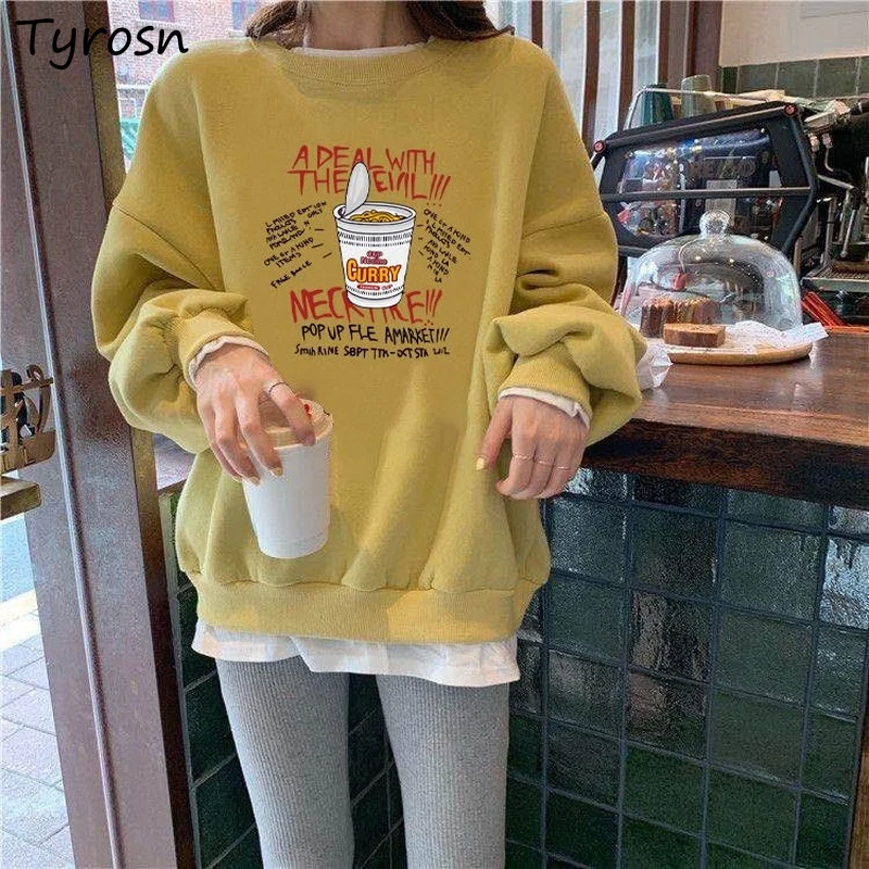 

Fake Two Pieces Hoodies Women Design Cartoon Printing Retro All-match Popular Thicker Sweatshirts Casual Loose O-neck Tops