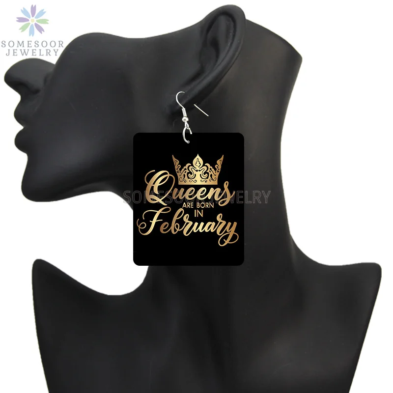 SOMESOOR Black Queen Are Born In 12 Months Wooden Drop Earrings Golden Crown Printed African Dangle For Women Birthday Gifts