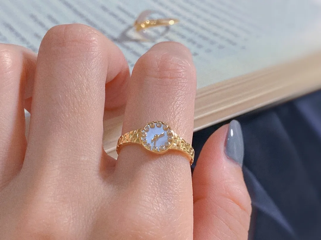 18K Yellow Gold Solid Yellow Gold Jewelry(AU750)Women Diamond Watch Rings White fritillary Time flies