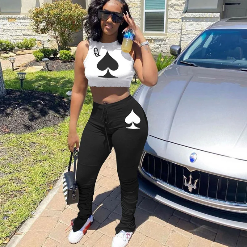Kricesseen Sexy Black Poker Printed Two Piece Pant Set Women Sleeveless Tank Top And Long Pant Suits Matching Set Outfits