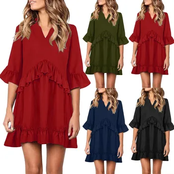 

Dress Women Mini Dress платье Summer Fashion Casual V-neck Solid Color Ruffle Half-Sleeve Butterfly Sleeve Loose Dress Free Ship