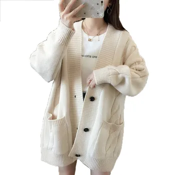 

Tops Cardigan knitted sweater women 19 autumn winter new beige yellow korean V neck long sleeve loose fashion long sweater LR565