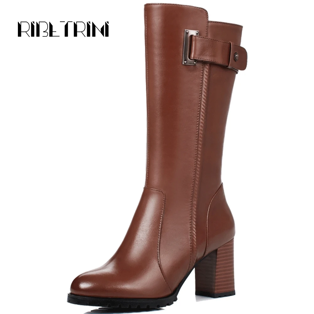 

RIBETRINI Retro Genuinie Leather Boots For Women Chunky High Heel Autumn Winter Fur Shoes Woman Zip Platform Mid Calf Boots
