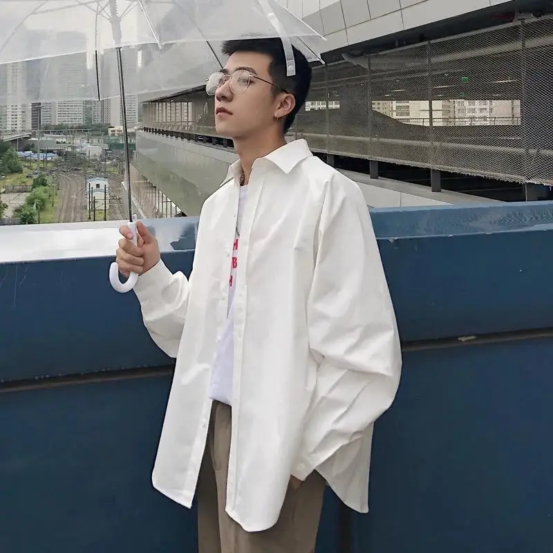 

2019 Spring New Style Korean-style Solid Color Loose White Shirt Men Hong Kong Style Casual Long-sleeve Blouse Men's Shirt