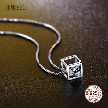 

Dropshipping Real Sterling silver choker pendants white cz necklace jewelry suspension short chain high quality Cube 925 pendant