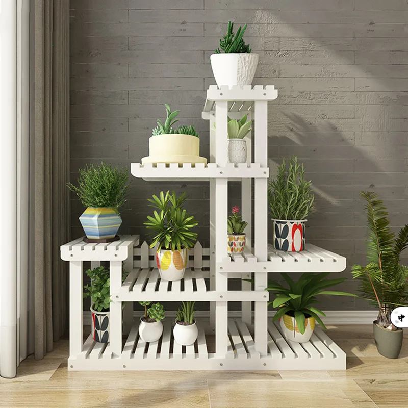 

White Flower Airs Multi-storey Indoor Solid Wood Landing Type Shelf Balcony A Living Room Province Space Meaty Flower Rack