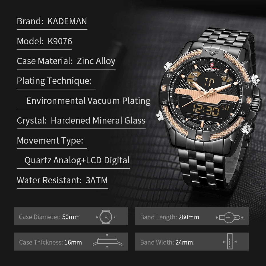 KADEMAN Gold Watch Men Dual Display Wristwathes Stainless Steel Digital Quartz Sport Men's Watches 2021 Luxury Brand Waterproof
