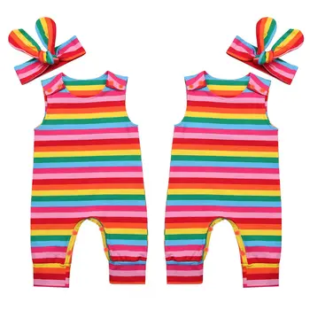 

Newborn Toddler Baby Girls Rainbow Romper Bodysuit Jumpsuit Headband Clothes Outfit
