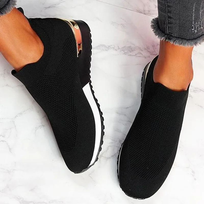 Sneakers Women Shoes Vulcanize Shoes Solid Color Sneakers For Female Ladies Slip-On Knit Shoes Sport Mesh Casual Shoes For Women