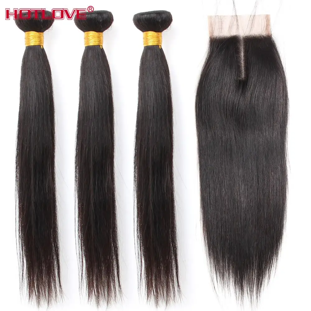 Перуанские прямые волосы плетение 3 пучка s с кружевной застежкой Hotlove 100% человеческие волосы переплетение пучок и закрытие с пучком remy