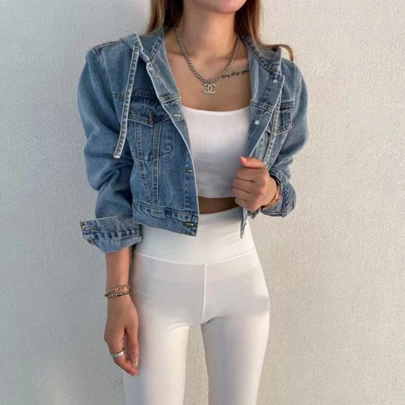 Stylish Blue Hooded Jeans Jacket Women Single-Breasted Short Jeans Coat High Street Harajuku Denim Coat Blue Tops