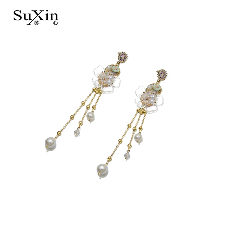 Корейские акриловые серьги Suxin прозрачные с цветами и кисточками для женщин