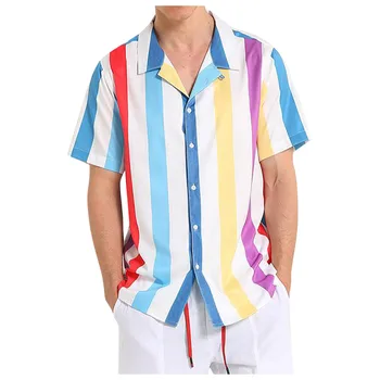 

Men Short Sleeve Striped Shirt Button-down Shirt Men Blouse Comfort Summer Floral Tops Camiseta Hombre Dropshipping