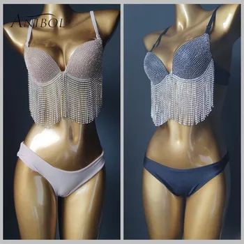 

Sexy Women Swimwear Rhinestone Bikini Crystal Diamond Push Up Swimwear 2020 Tassels Jewelry Bathing Suits