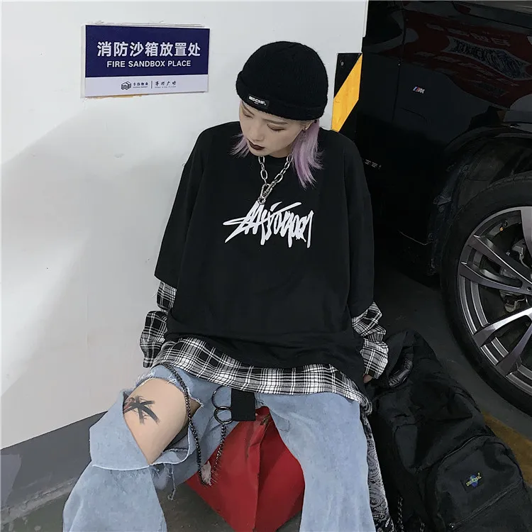 Осень корейский ins Harajuku уличная винтажная темная буквенная Печать Поддельные два bf Свободные с длинными рукавами клетчатые повседневные женские толстовки