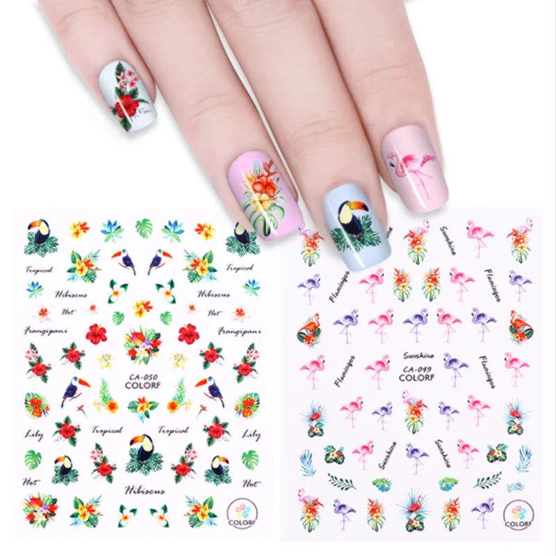 1 лист 3D красочная тропическая наклейка с фламинго для дизайна ногтей DIY клеящиеся наконечники для украшения ногтей женские наклейки для ногтей оптом