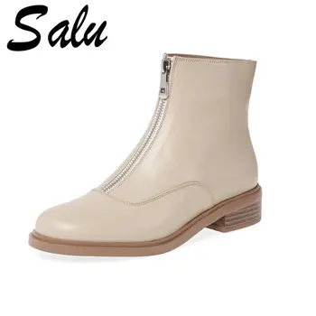 

Salu Genuine Leather Zipper Women Boots Square Heels Women Motorcycle Shoes Handsome Winter Ankle Boots