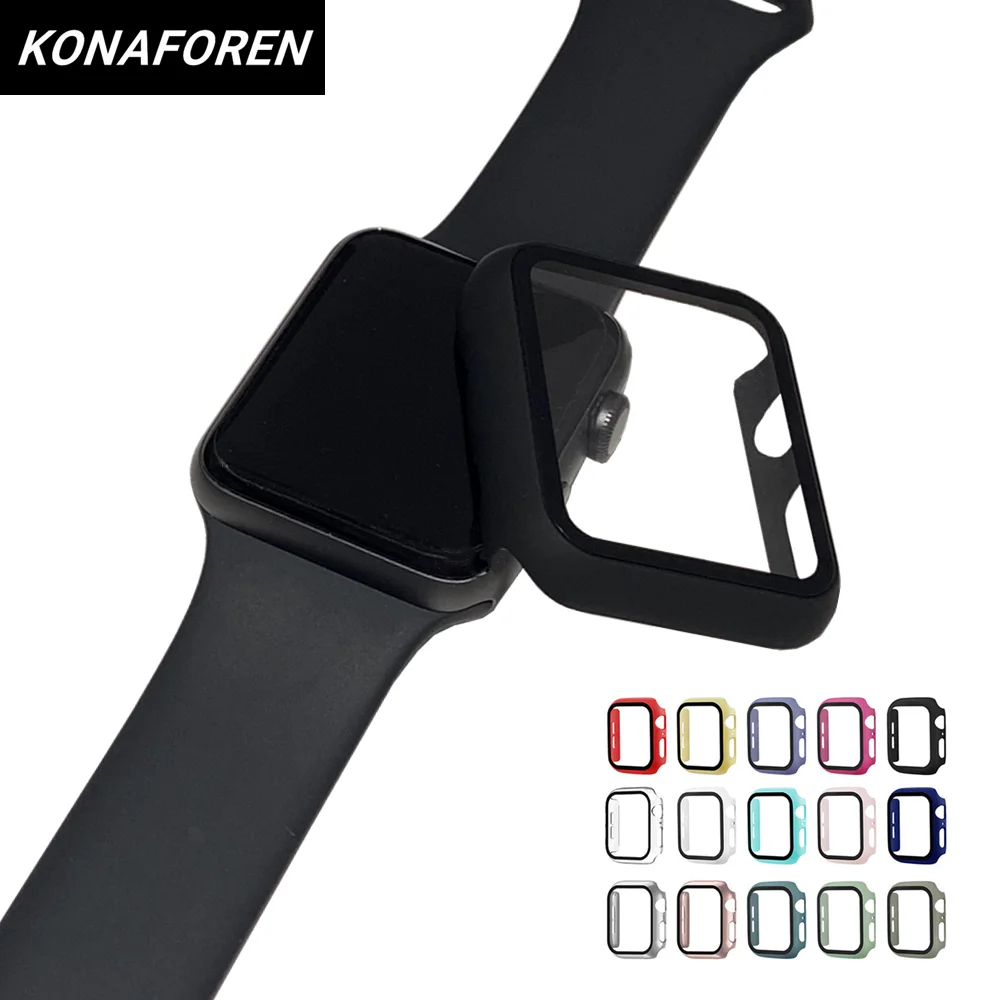

Full cover for Apple Watch series 5 4 3 2 matte Plastic bumper hard frame case with glass film for iWatch 44mm screen protector