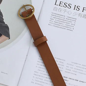 

Solid PU Belts For Women Fashion Trendy Round Buckle Belts Bronze Buckle Waistband For Jeans Female Accessories