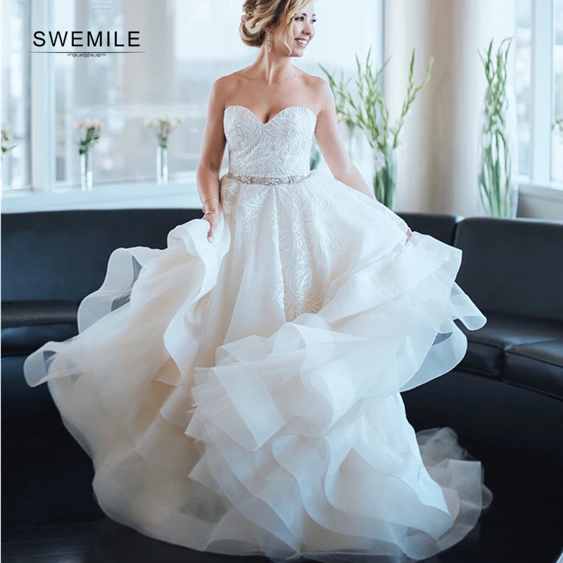 2019 Gorgeous Beading Crystal Belt Long Wedding Dresses Elegant Lace Appliques Backless A-Line Bride Vestidos De Novia | Свадьбы и
