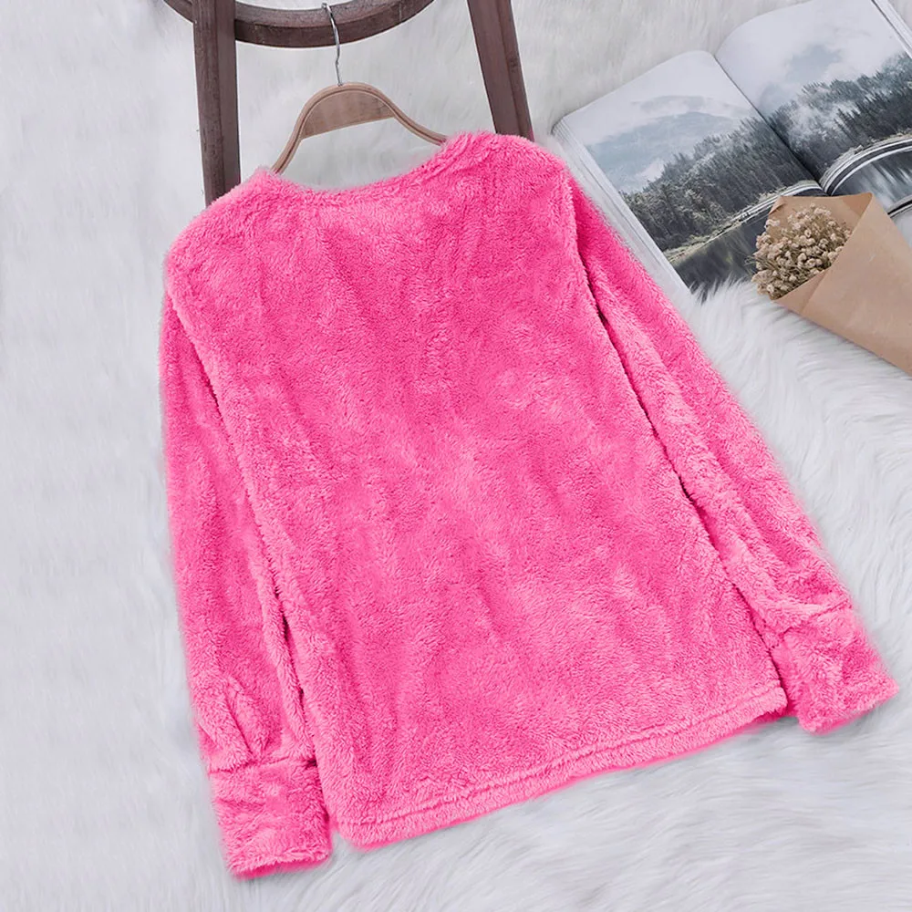 JAYCOSIN Fashion Women Artificial Wool Plush Sweatshirt Casual Simple Long Sleeve Solid Color Comfortable Pullover Blouse Top