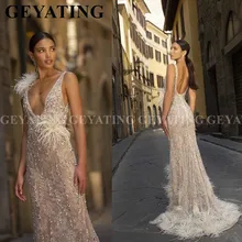 Роскошная Русалка отделка бисером перья Выпускные платья сексуальные глубокий v-образный вырез спинки Африканское вечернее формальное платье Длинные Выпускные платья