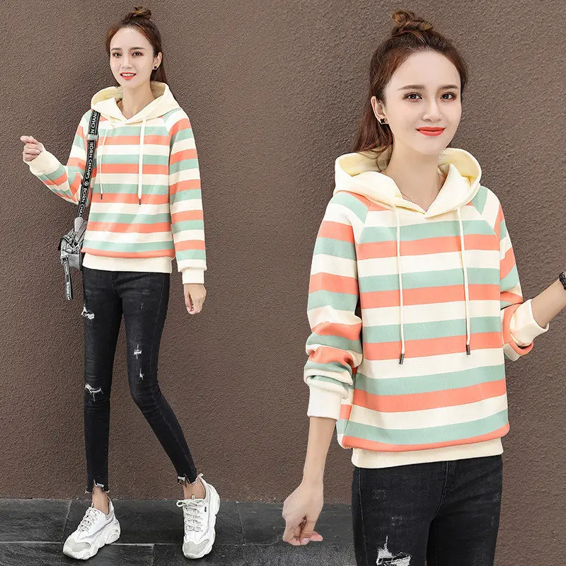 

Cotton-striped Hoodie 2020 new Korean edition of loose long-sleeved hoodie waist high fashion