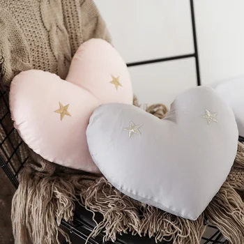 

Ins embroidered little star cotton love pillow with core bed accessories powder gray cotton heart-shaped cushion pillow