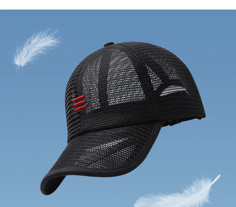 Close-up and lifestyle views of full mesh baseball cap for men and women, featuring breathable fabric and adjustable fit.