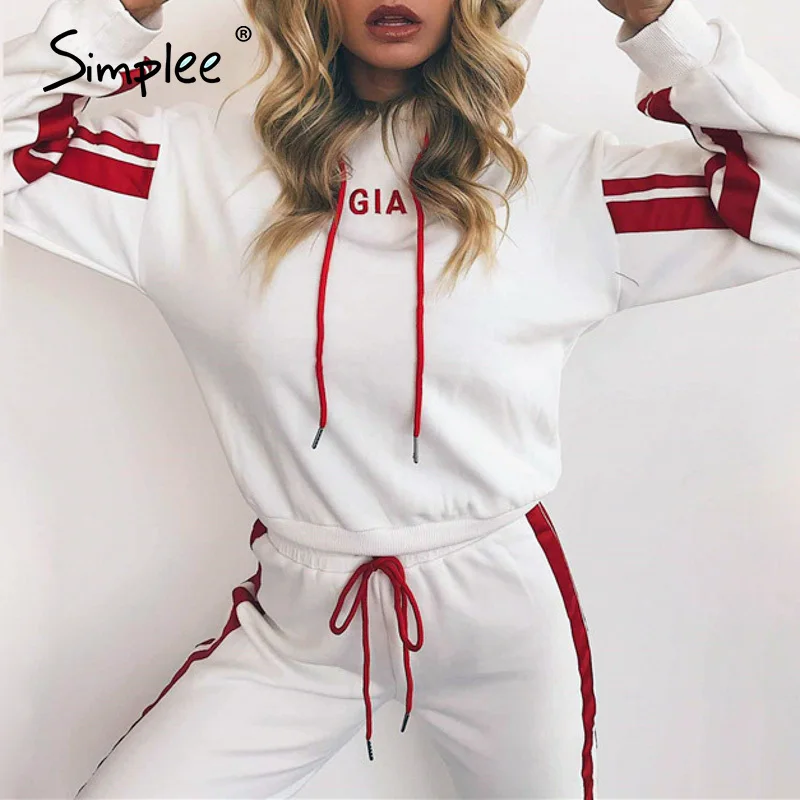 

Simplee Chic streetwear women sports suit Casual lace up hooded sweatshirt pants set High waist spring summer ladies suits 2020