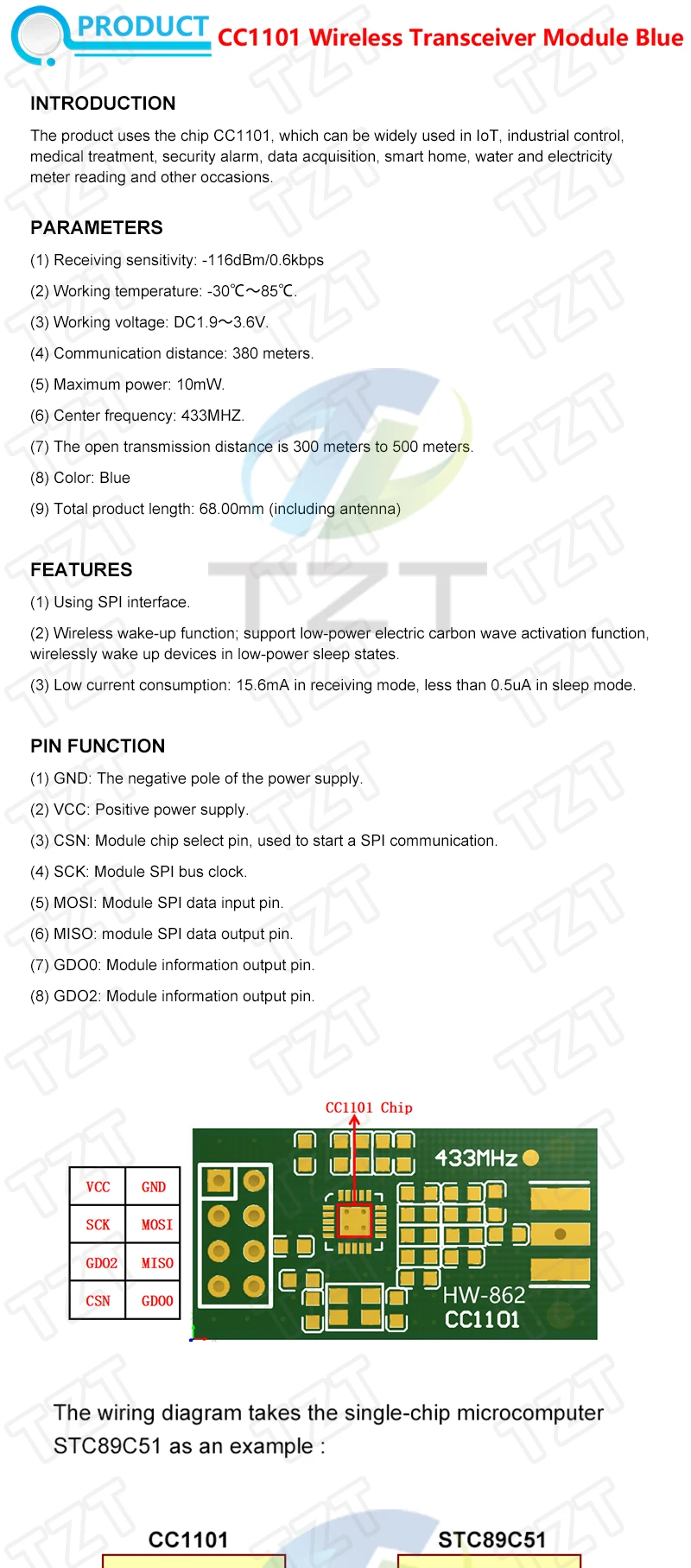 TZT 1/3PCS TZT CC1101 10mW 433MHZ 868MHZ 300-1000M Übertragungsmodul – Detail 4