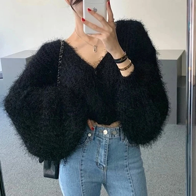 2021 Winter Spring Cardigan Knitted Coat Long Flare Sleeve Short Jacket Women V-neck Mohair Tops Ladies Soft Warm Outwear Female