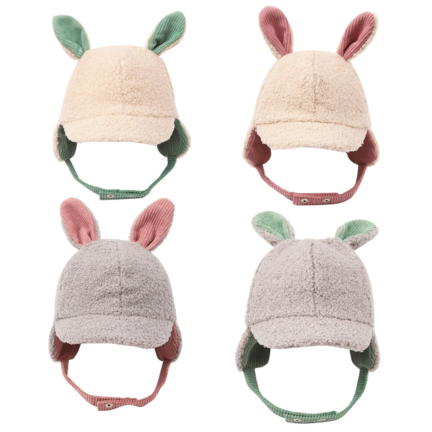

2020 New Winter 10M-3Y Toddler Baby Girls Cute 3D Rabbit Ears Earmuffs Hat with Straps Warm Peaked Cap Kids Children