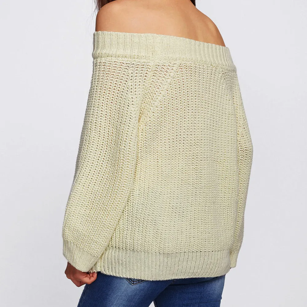 Женский свитер, модный однотонный топ с длинным рукавом, вязаный свитер с вырезом-лодочкой, блузка без бретелек, женская блузка, Nouveaute