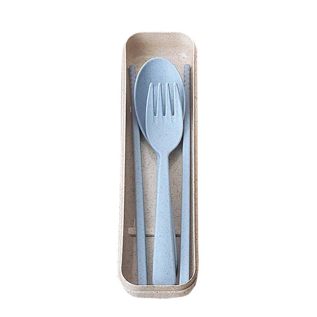 Портативные столовые приборы синий Boreal Европейский стиль здоровая Экологичная Пшеничная солома многоразовый Набор Посуды Ложка Вилка палочки для еды - Цвет: Blue
