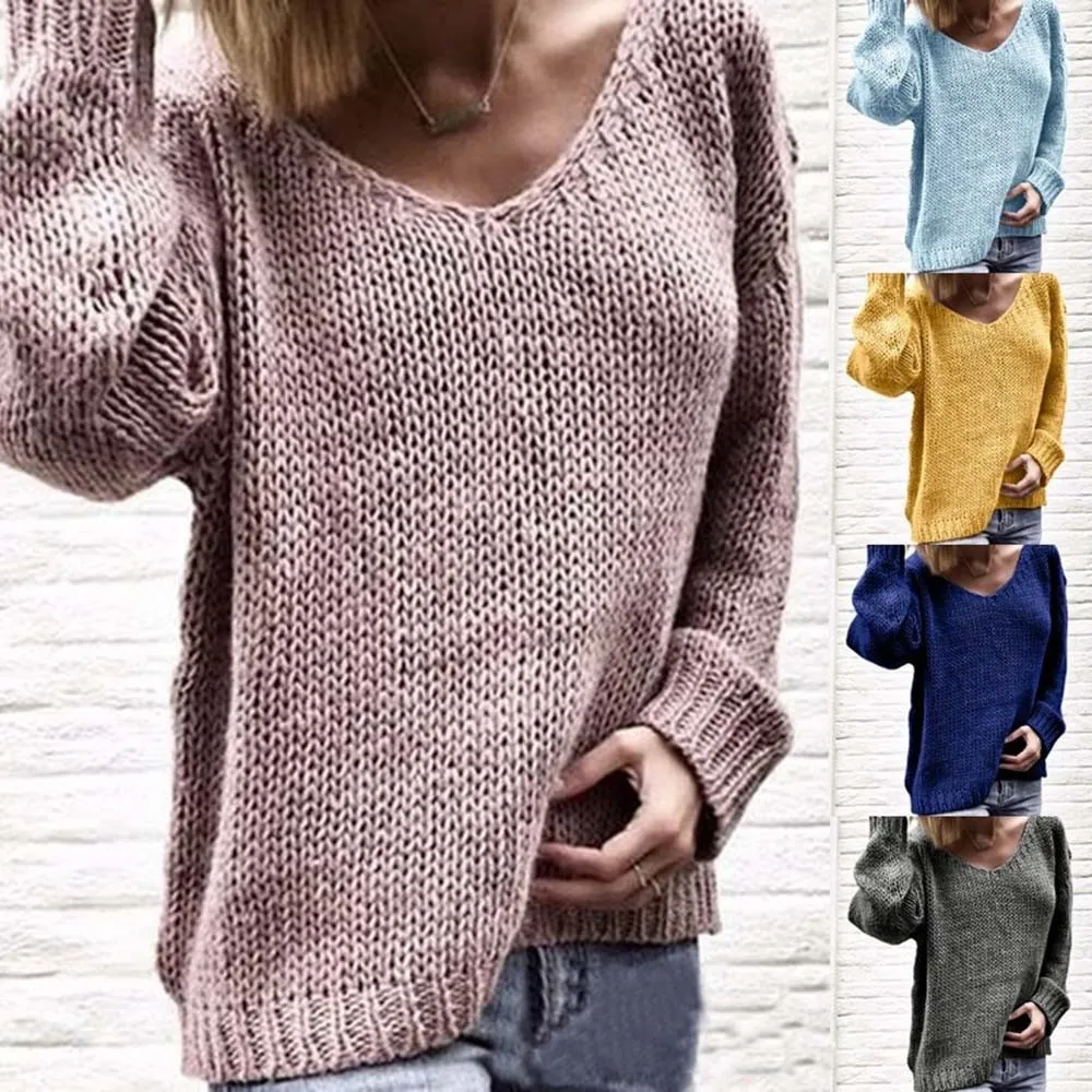 Женский джемпер, свитер размера плюс, новинка, длинный рукав, v-образный вырез, однотонный, сексуальный, Осень-зима, модный, Повседневный, теплый, Свободный пуловер# S