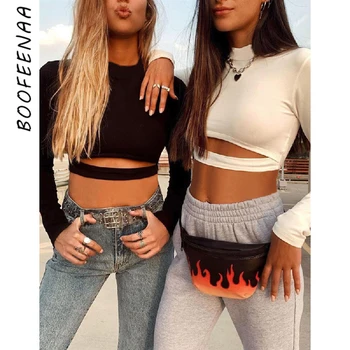 

BOOFEENAA Streetwear Sexy Long Sleeve Shirt Cut Out Crop Tops Spring 2020 Woman Black White Women Tshirts High Quality C87-I51