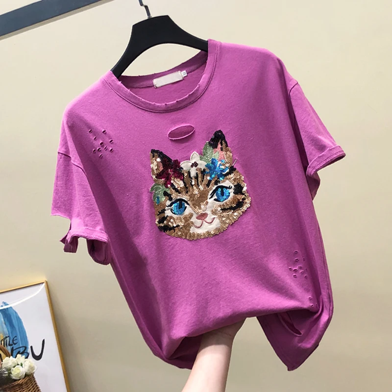 Футболка женская с коротким рукавом фиолетовый топ свободного кроя блестками и