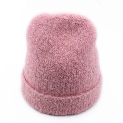 Зимняя однотонная шапка Skullies для женщин, винтажная вязаная шерстяная шапка из альпаки, Женская бини, теплые женские Лыжные шапки для девочек, новинка года - Цвет: Pink