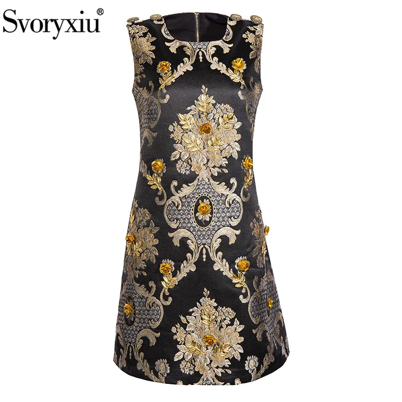 Svoryxiu Designer Summer Women Retro Elegant Mini Dress Sleeveless O-Neck Floral Pattern Embroidery Appliques Slim Short Dresses