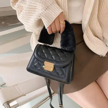 

2020 New Winter Plush Handle Tote Bags Women Lattice Pattern Small Shoulder Bags PU Leather Handbag Female Warm Fur Crossbody