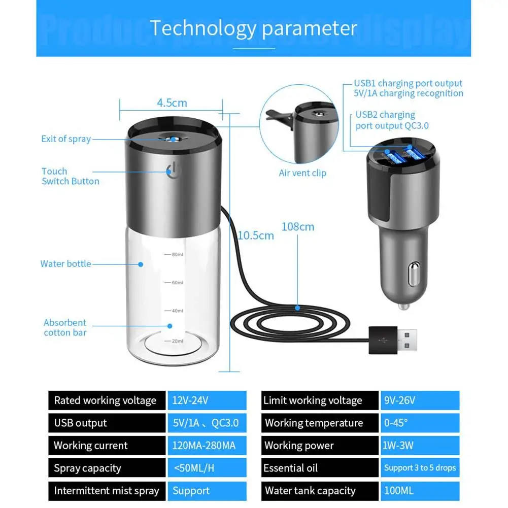 Автомобильный увлажнитель воздуха с двойным USB зарядным устройством, диффузор, незаменимый освежитель воздуха, портативный вентилятор с зажимом, мини USB, очистители воздуха, увлажнитель воздуха для автомобиля