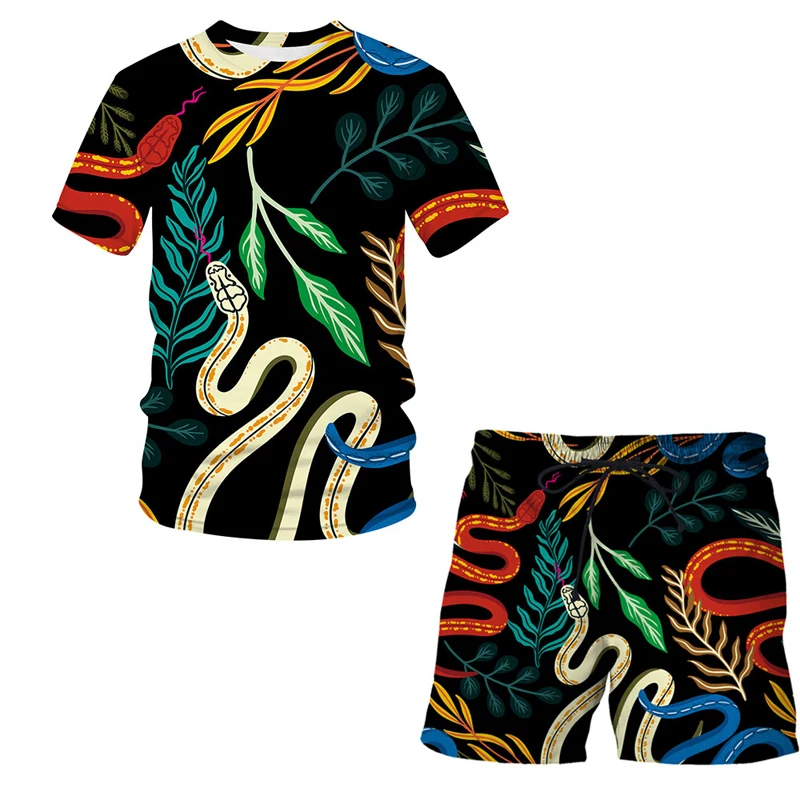 

Abstract snake pattern Men's Sets Summer O-Neck Short Sleeve T-shirt + Shorts Men Sets Fashion Tracksuit Man Breathable