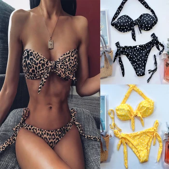 

Circle Dot Print Sexy Bikini Split Womens Leopard Sexy High Waist Swimsuit 5 Color Optional Backless Bandage Beach Swimwear Suit