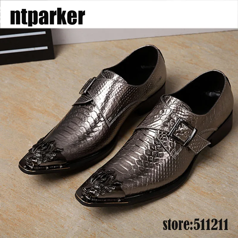 

2020 New Designer's Men Dress Shoes Iron Pointed Toe Genuine Leather Shoes Men Snakeskin Pattern Buckles Party and Wedding Shoes
